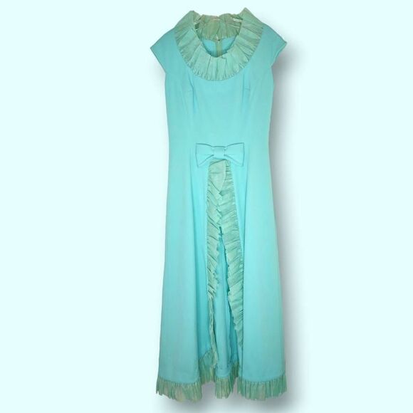 Claralura CA Custom Vintage Aqua 60s Maxi Dress Sleeveless Handmade Organza Ruff - Picture 1 of 16